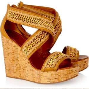 Tory Burch Cognac Lucian Chain Sky High Cork Wedges
